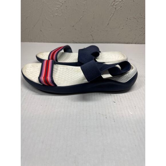 Crocs Women Open Toe Ankle Stap Multicolor Striped Blue Slingback Size 11 - Picture 2 of 5